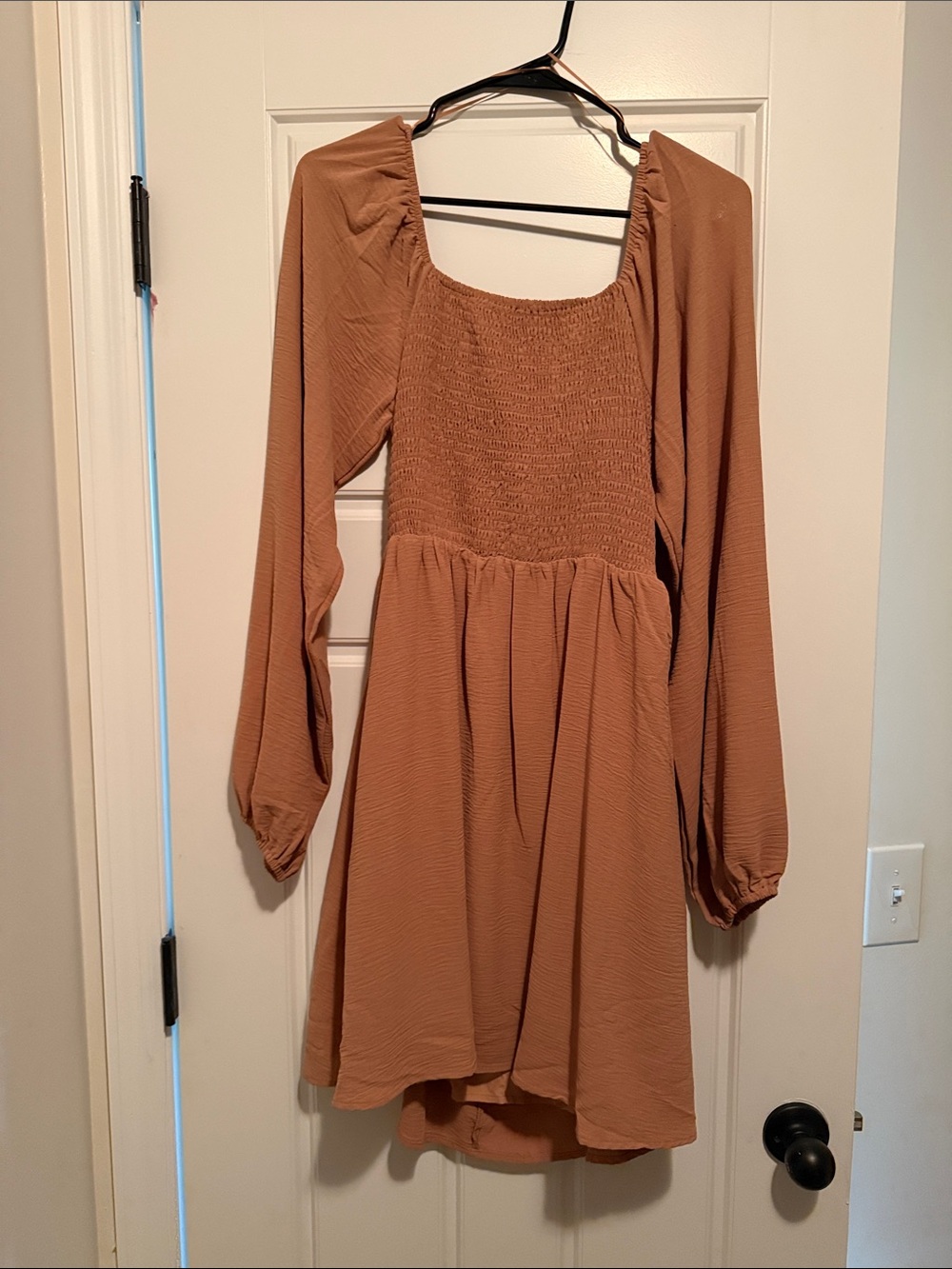 Smocked Square-Neck Long-Sleeve Dress in Rust